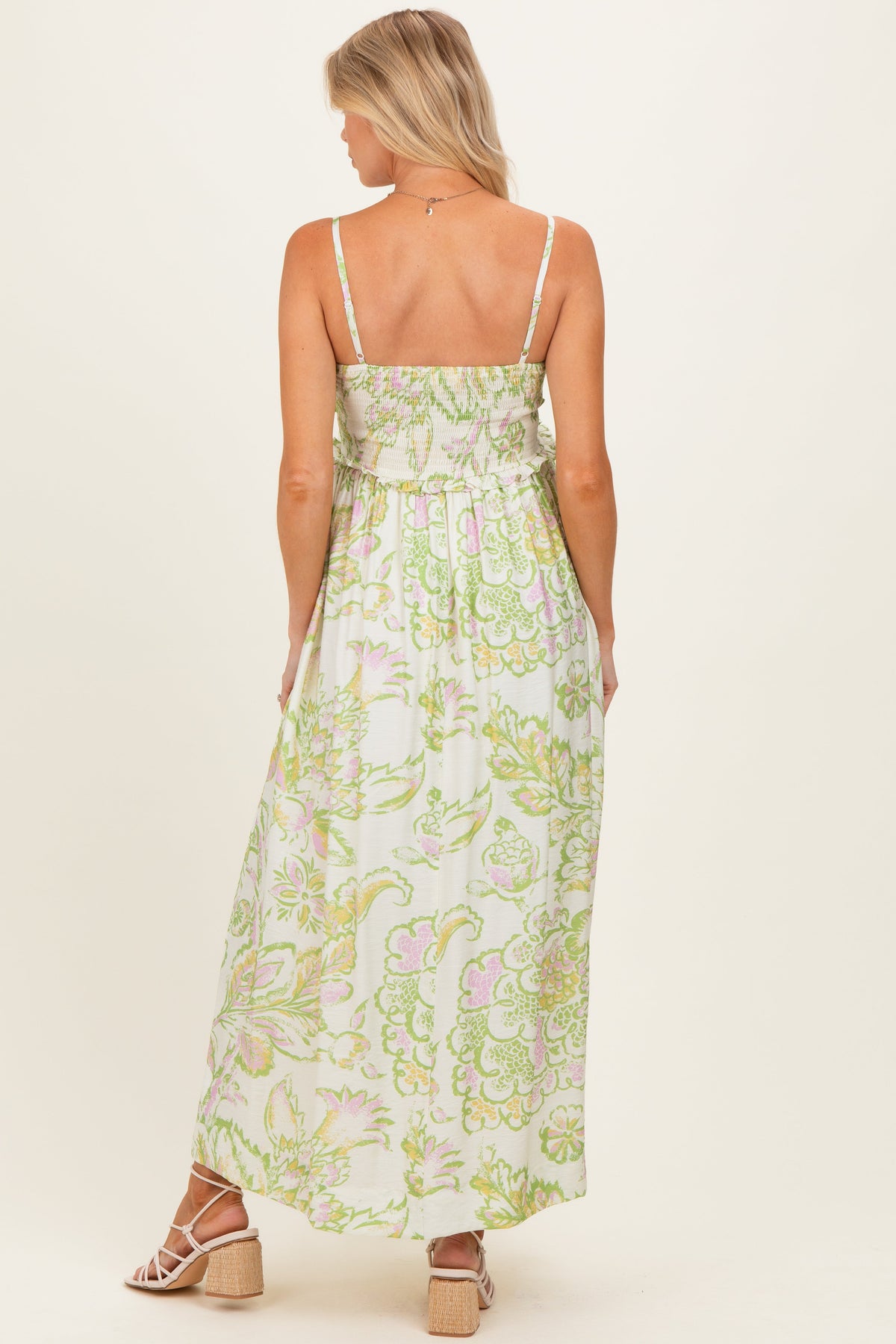 Green Cream Elegant Floral Maternity Maxi Dress