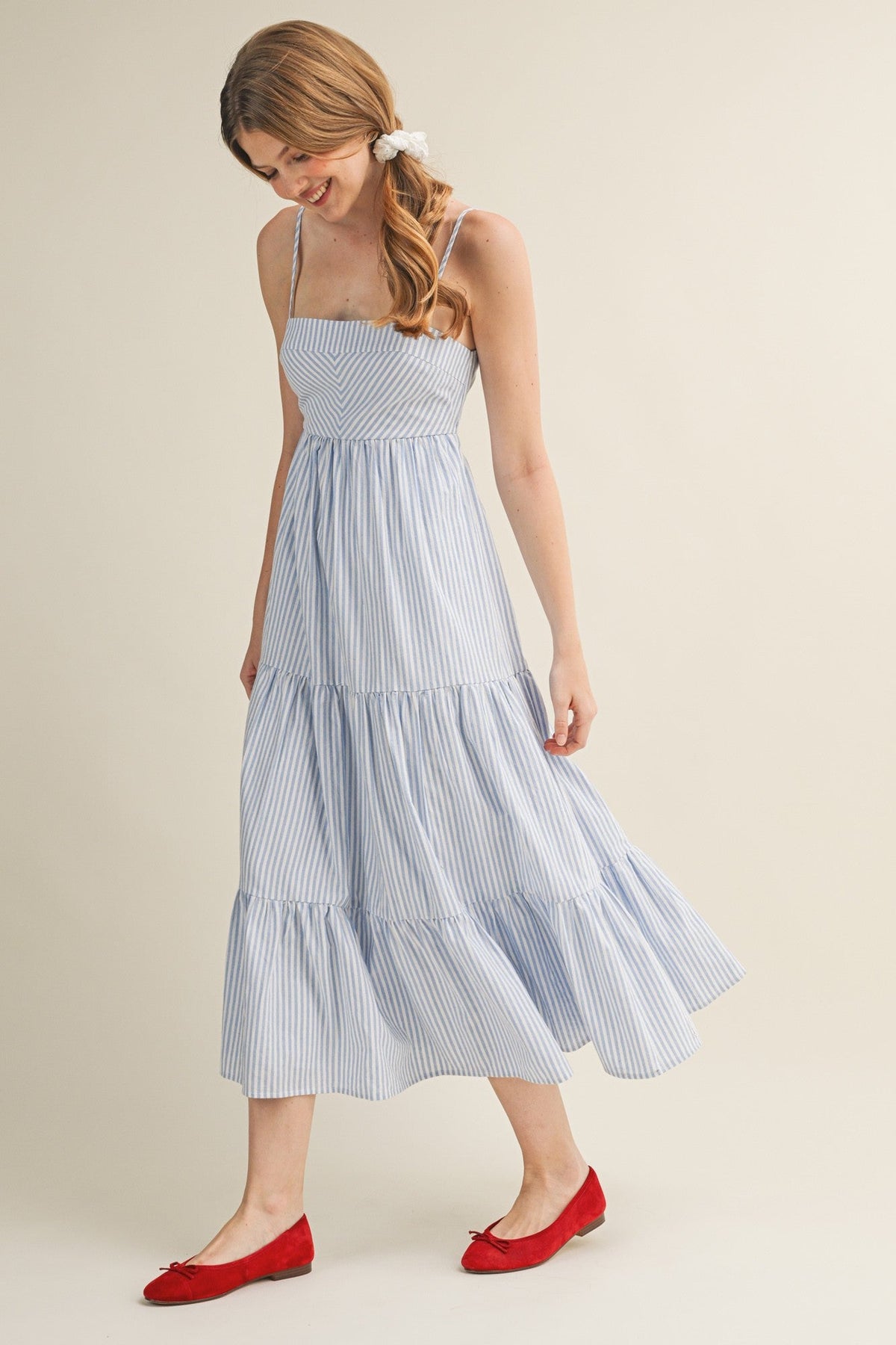 Light Blue Diagonal Stripe Front Tier Maternity Dress