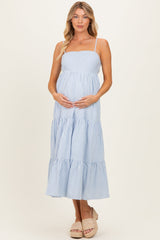 Light Blue Diagonal Stripe Front Tier Maternity Dress