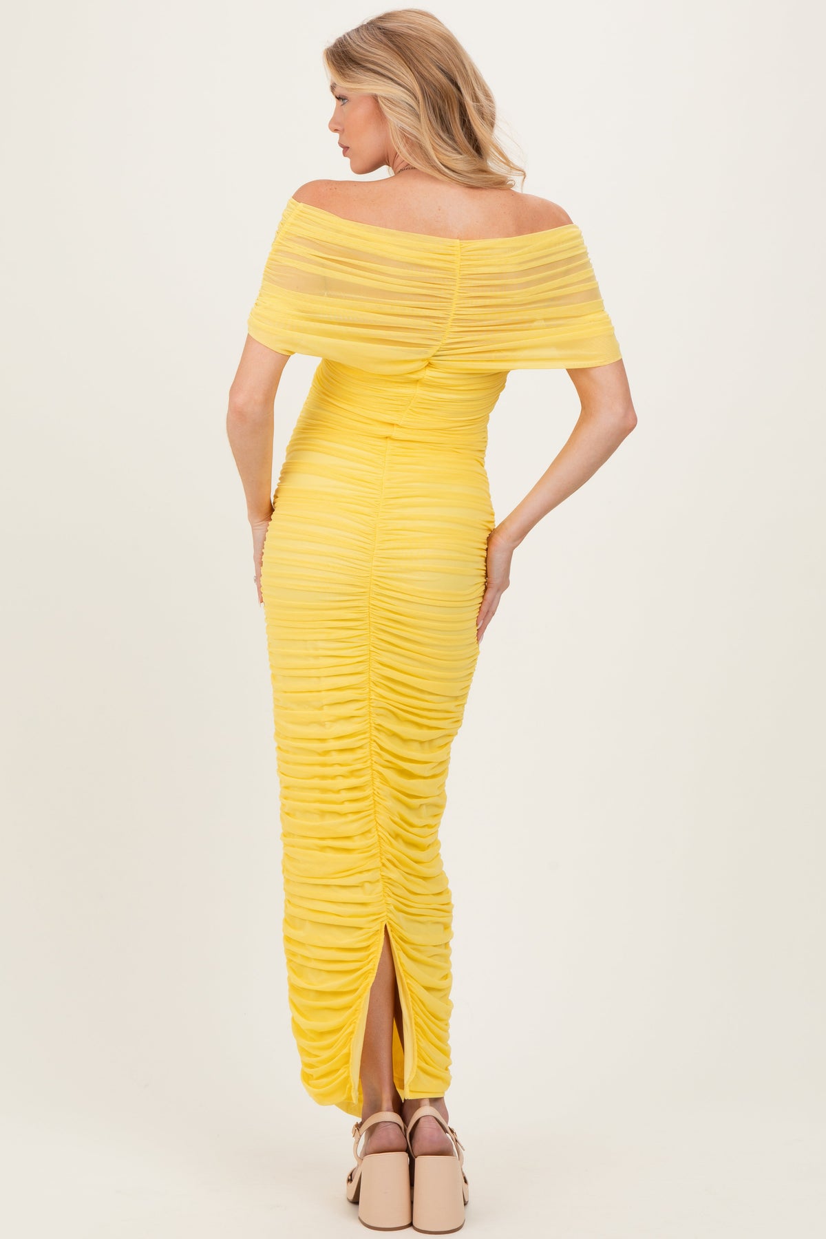 Lemon Ruched Mesh Foldover Off Shoulder Maternity Maxi Dress