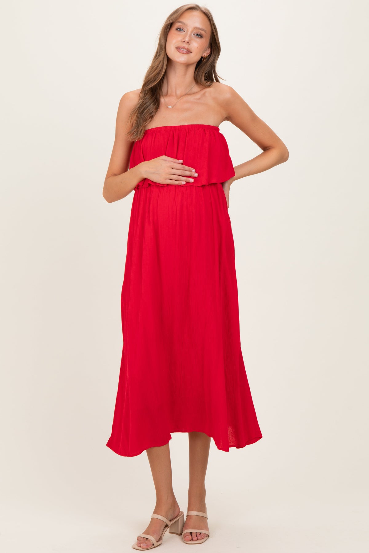Ruby Woven Crinkle Flounce Strapless Maternity Maxi Dress