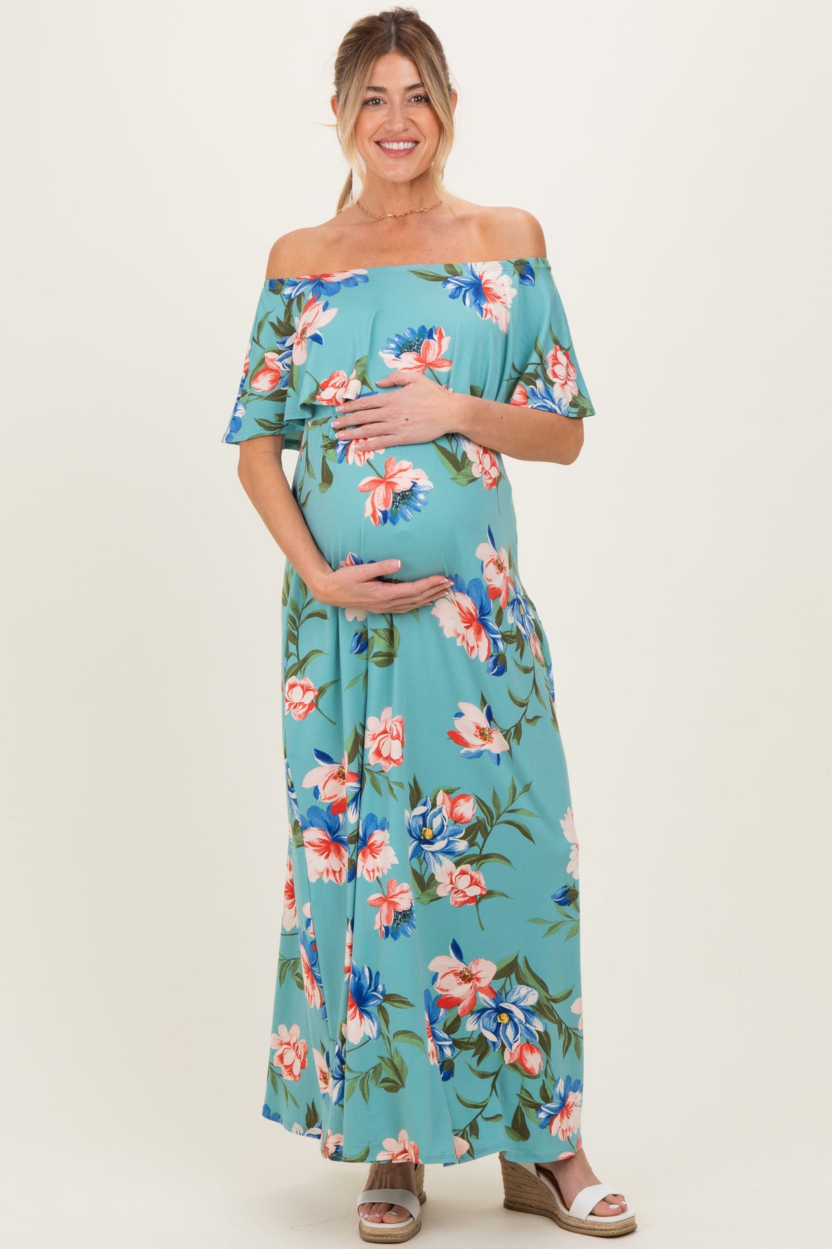 Light Blue Off Shoulder Floral Ruffle Maternity Maxi Dress