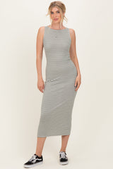 Olive Striped Boat Neck Sleeveless Maternity Midi Dress