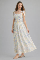 Blue Floral Smocked Shoulder Tie Maternity Maxi Dress