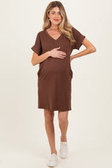 Brown Brushed Rolled Short Sleeve V-Neck Maternity Dress