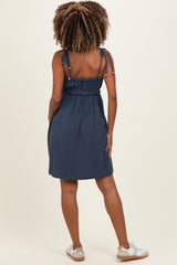 Navy Cotton Gauze Ruffle Shoulder Tie Maternity Mini Dress