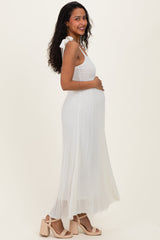 Off White Textured Knit Shoulder Tie Maternity Midi Dress
