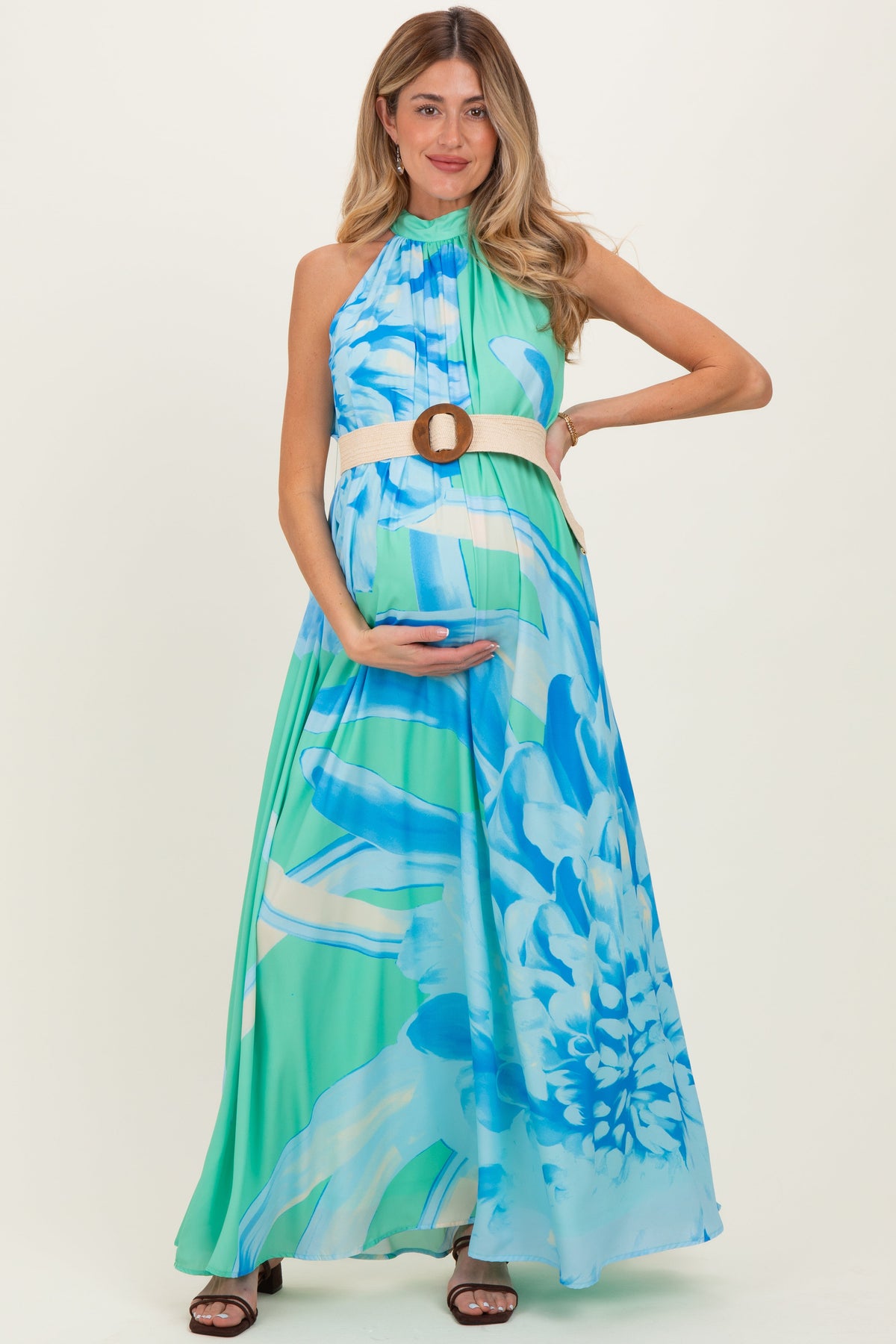 Mint Floral Chiffon Halter Maternity Maxi Dress