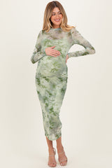 Light Olive Floral Mesh Overlay Maternity Maxi Dress