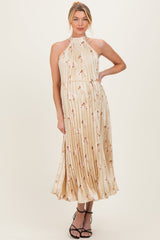 Yellow Floral Pleated Halter Maternity Midi Dress