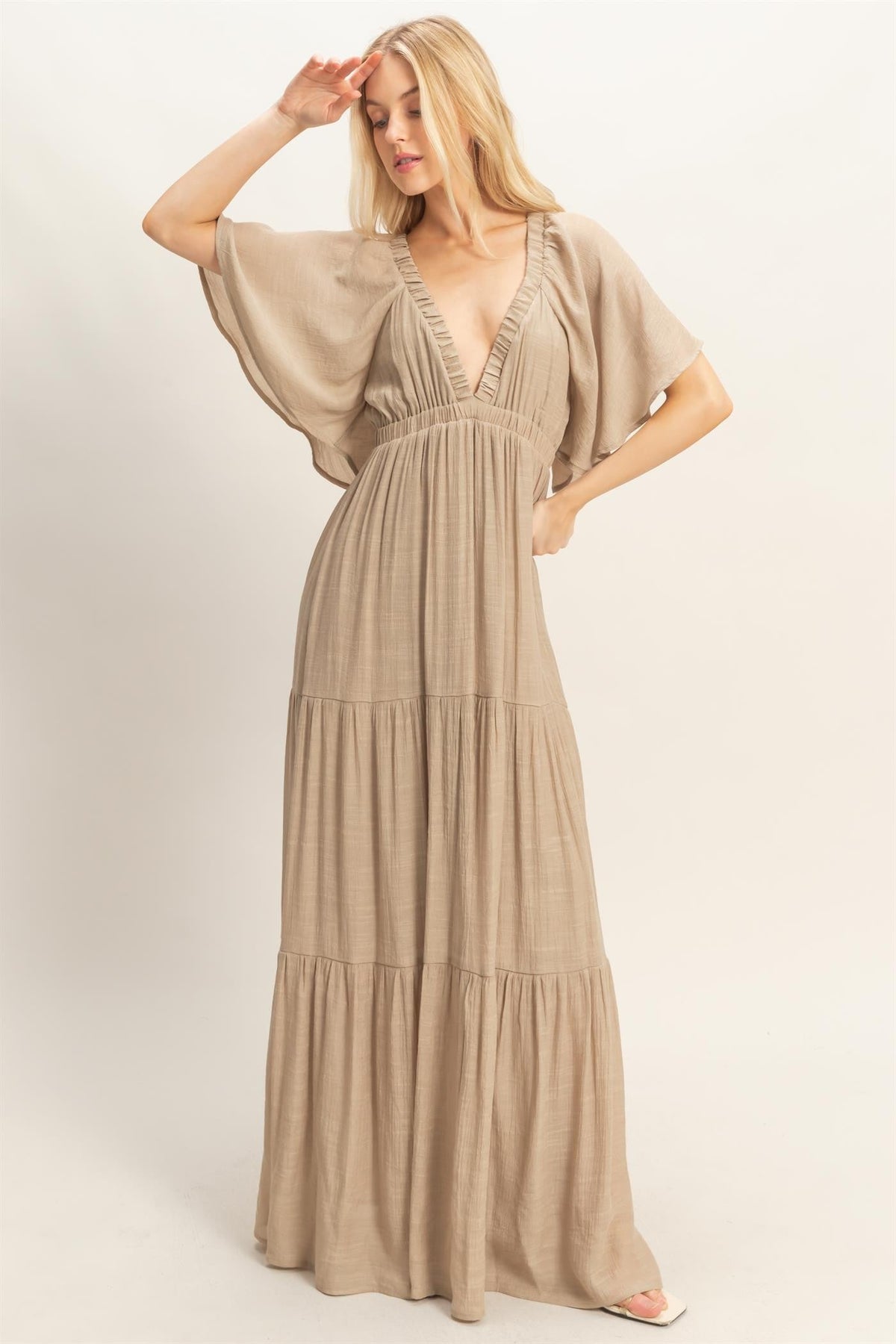 Taupe Flutter Sleeve Maternity Maxi Dress
