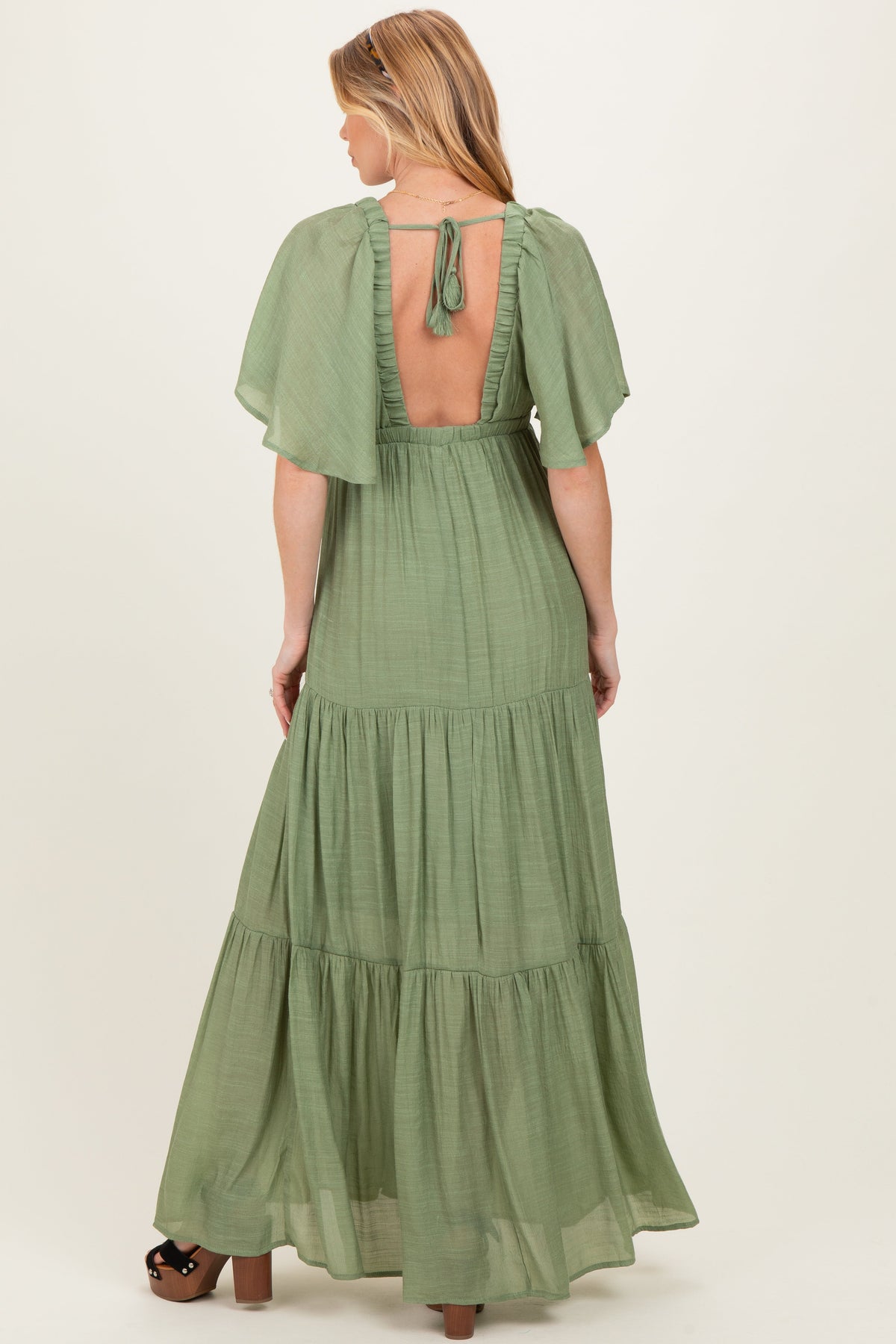 Light Olive Flutter Sleeve Maternity Maxi Dress