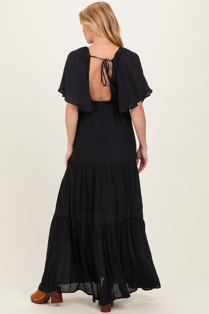 Black Flutter Sleeve Maternity Maxi Dress