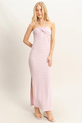 Lavender Halter Neck Twist Bust Maternity Midi Dress