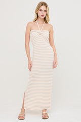 Taupe Halter Neck Twist Bust Maternity Midi Dress