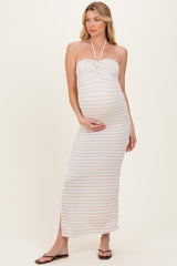 Taupe Halter Neck Twist Bust Maternity Midi Dress