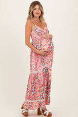 Pink Smocked Bust V Neck Lace Trim Maternity Maxi Dress