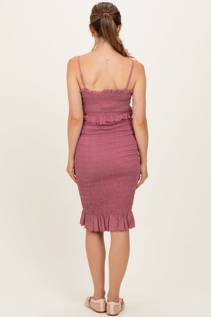 Mauve Smocked Ruffle Hem Maternity Dress