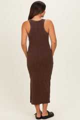 Brown Acid Washed Ribbed Maternity Midi Tank Dress