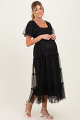 Black Tulle Puff Sleeve Smocked Maternity Midi Dress