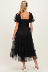 Black Tulle Puff Sleeve Smocked Maternity Midi Dress