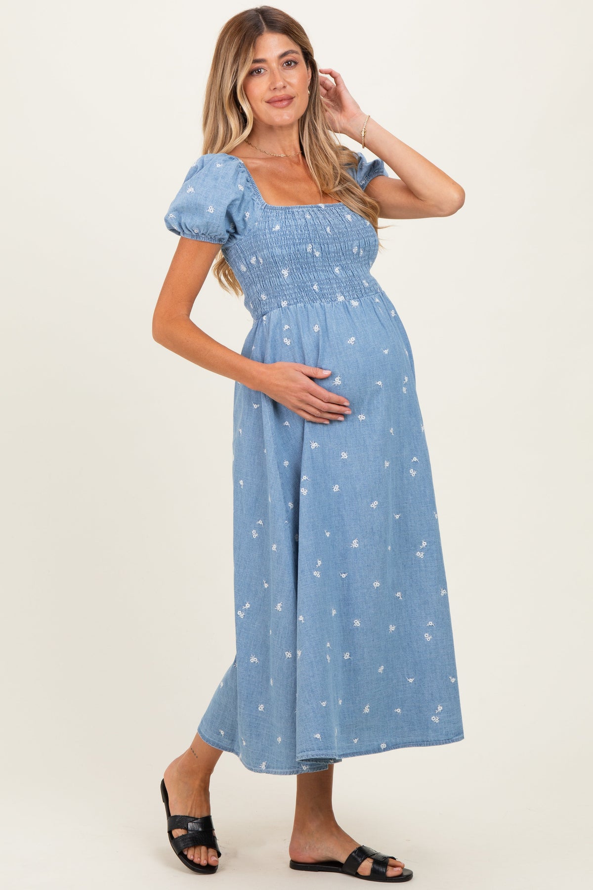 Chambray Embroidered Smocked Maternity Midi Dress