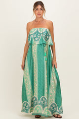 Green Printed Satin Flounce Strapless Maternity Maxi Dress