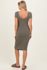 Olive Ribbed Short Sleeve Maternity Midi Dress