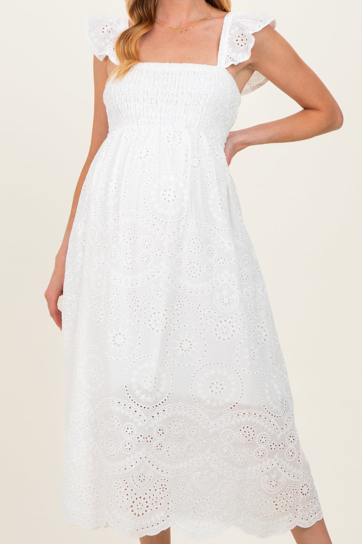 White Embroidered Smocked Cutout Maternity Midi Dress