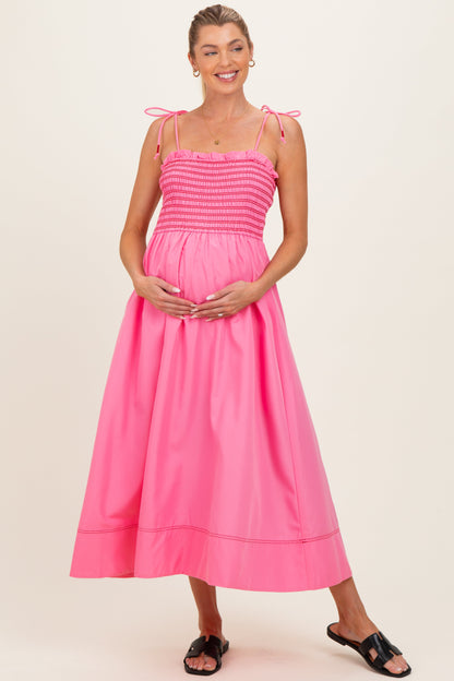 Pink Smocked Shoulder Tie Maternity Midi Dress