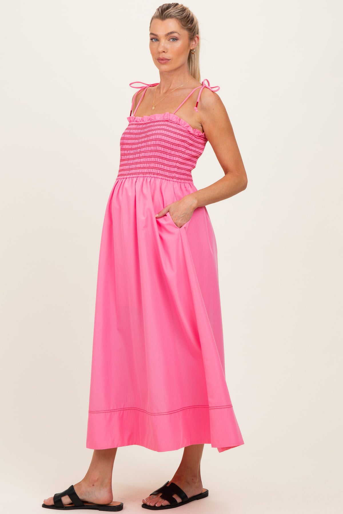 Pink Smocked Shoulder Tie Maternity Midi Dress