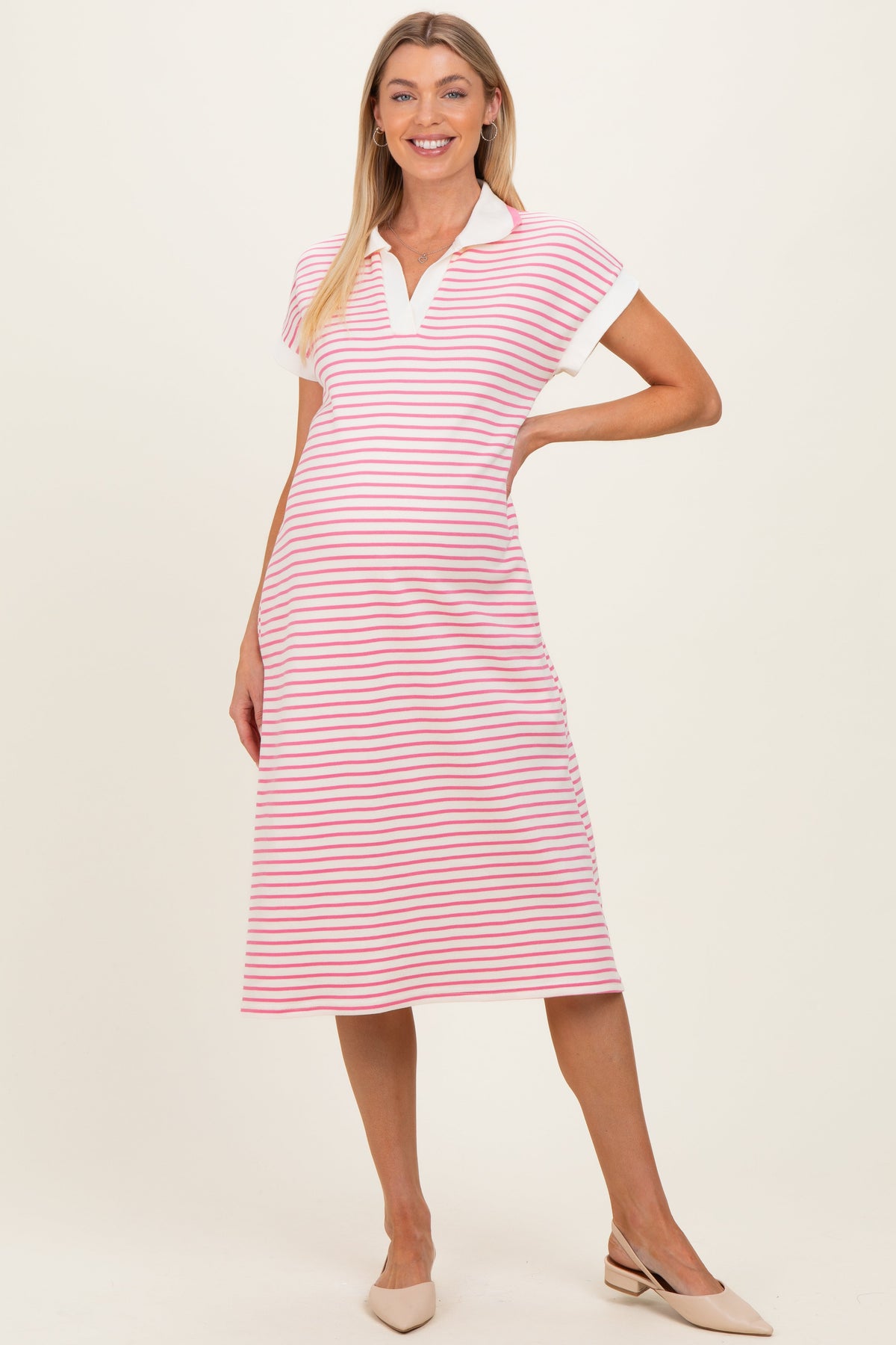 Pink Striped Polo Maternity Midi Dress