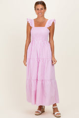 Pink Striped Ruffle Strap Smocked Maternity Maxi Dress