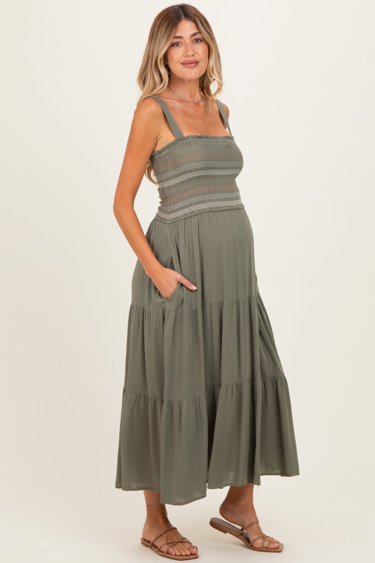 Olive Embroidered Smocked Maternity Midi Dress