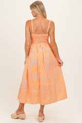 Orange Striped Smocked Maternity Midi Dress