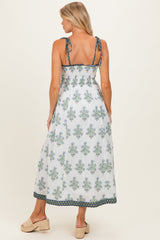 Off White Floral Smocked Shoulder Tie Maternity Maxi Dress