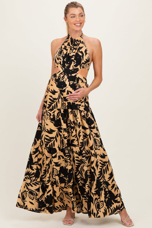Black Floral Halter Cutout Open Back Maternity Maxi Dresses