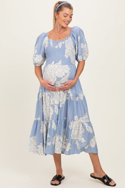 Light Blue Floral Cutout Tie Back Maternity Midi Dress