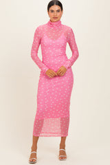 Pink Polka Dot Mesh Overlay Maternity Midi Dress