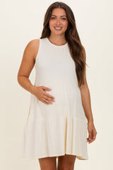 Cream Sleeveless Crewneck Tiered Maternity Mini Dress