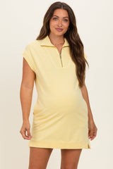 Yellow Half Zip Up Mock Neck Maternity Mini Dress
