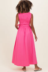 Pink Textured Tie Maternity Midi Dress