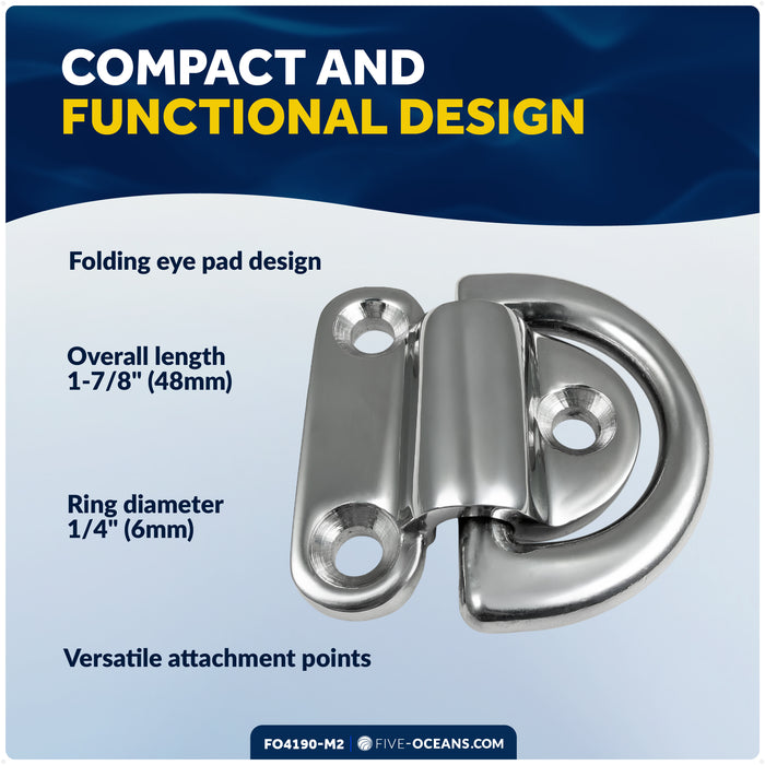 1/4" Folding Pad Eye, AISI316 Stainless Steel, 2-Pack