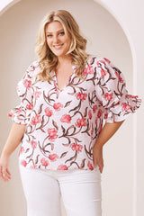 Cristina Floral Mid Sleeve V-Neck Linen Top