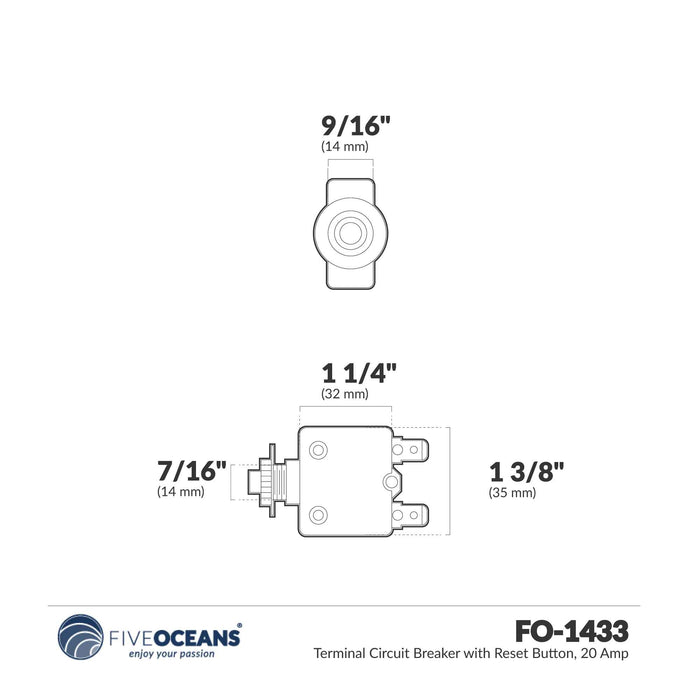 20 Amp Push-Button Reset Circuit Breaker 125-250V AC / 50V DC, 2-Pack - FO1433-M2 - Five Oceans