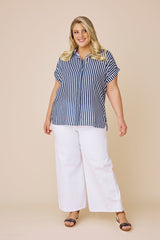 Clem Cotton Striped Top Navy and White