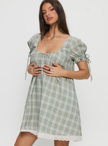 Embracing Puff Sleeve Swing Mini Dress Blue Check
