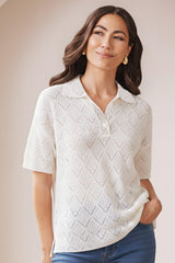 Coco Knitted Short Sleeve Collared Top Ivory