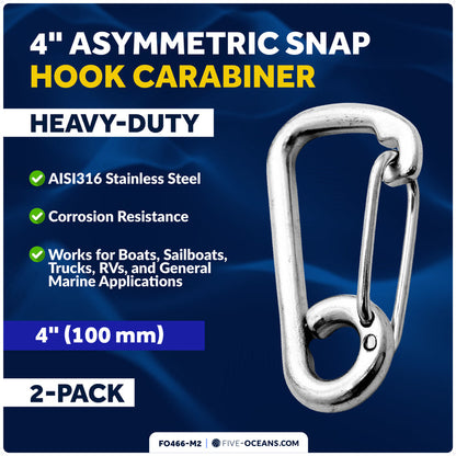 4" Asymmetric Snap Hook Carabiner, AISI316 Stainless Steel, 2-Pack - FO466-M2 - Five Oceans