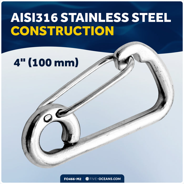 4" Asymmetric Snap Hook Carabiner, AISI316 Stainless Steel, 2-Pack - FO466-M2 - Five Oceans